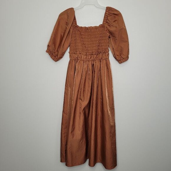 Moon river puff sleeve smocked midi burnt orange iridescent dress size medium - Picture 1 of 7